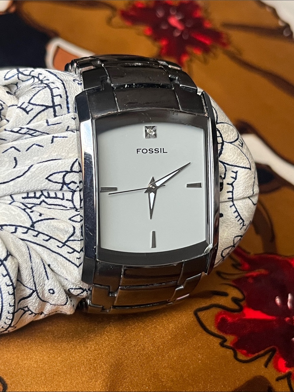 Fossil Men's Black and Silver Two-Tone Rectangular Watch